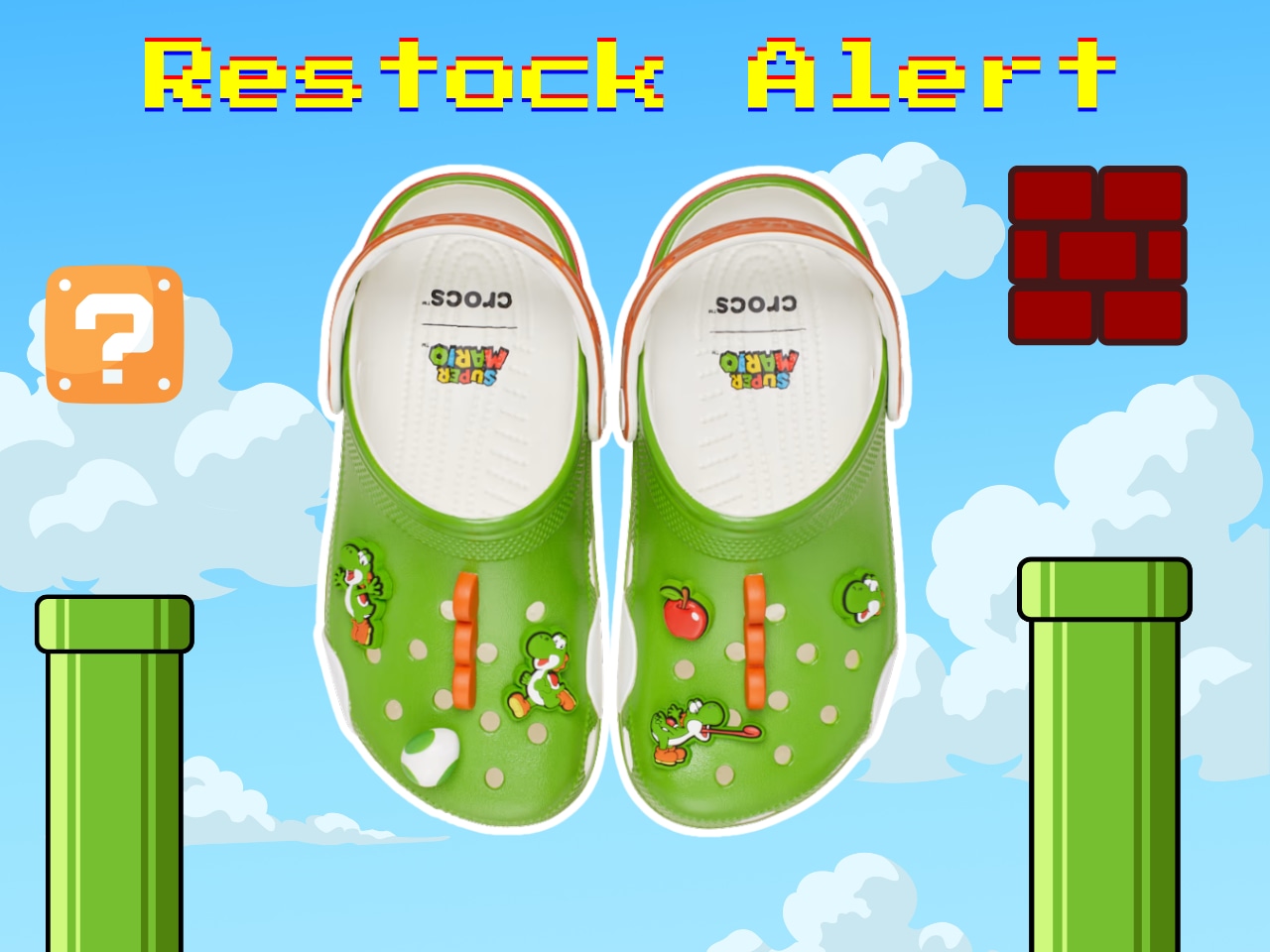 Calçados da coleção Crocs Super Mario com detalhes dos personagens do Reino do Cogumelo.