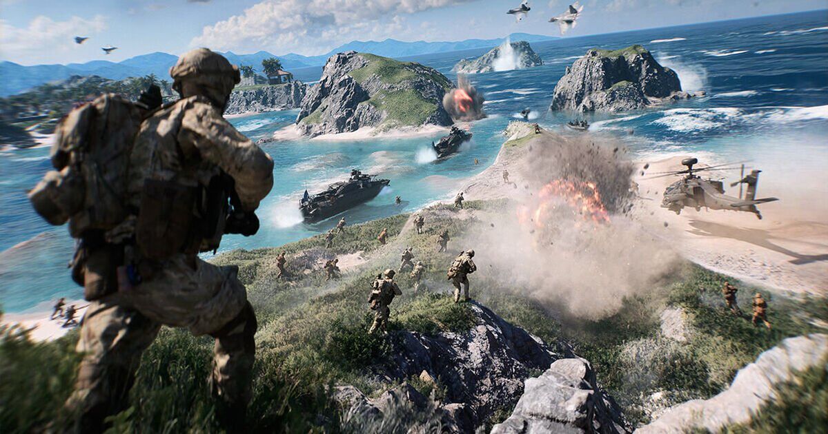 Arte promocional de Battlefield 6 destacando combate naval em mapa gigante.