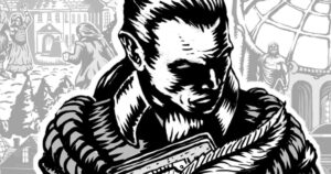 Ilustração artística do jogo de RPG de fantasia sombria The Life and Suffering of Sir Brante.