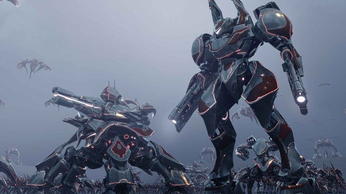 Captura de tela do jogo de estratégia Sanctuary: Shattered Sun mostrando unidades militares em combate de ficção científica.