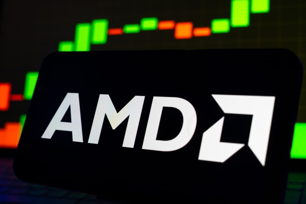 Logotipo da AMD representando a empresa de tecnologia.