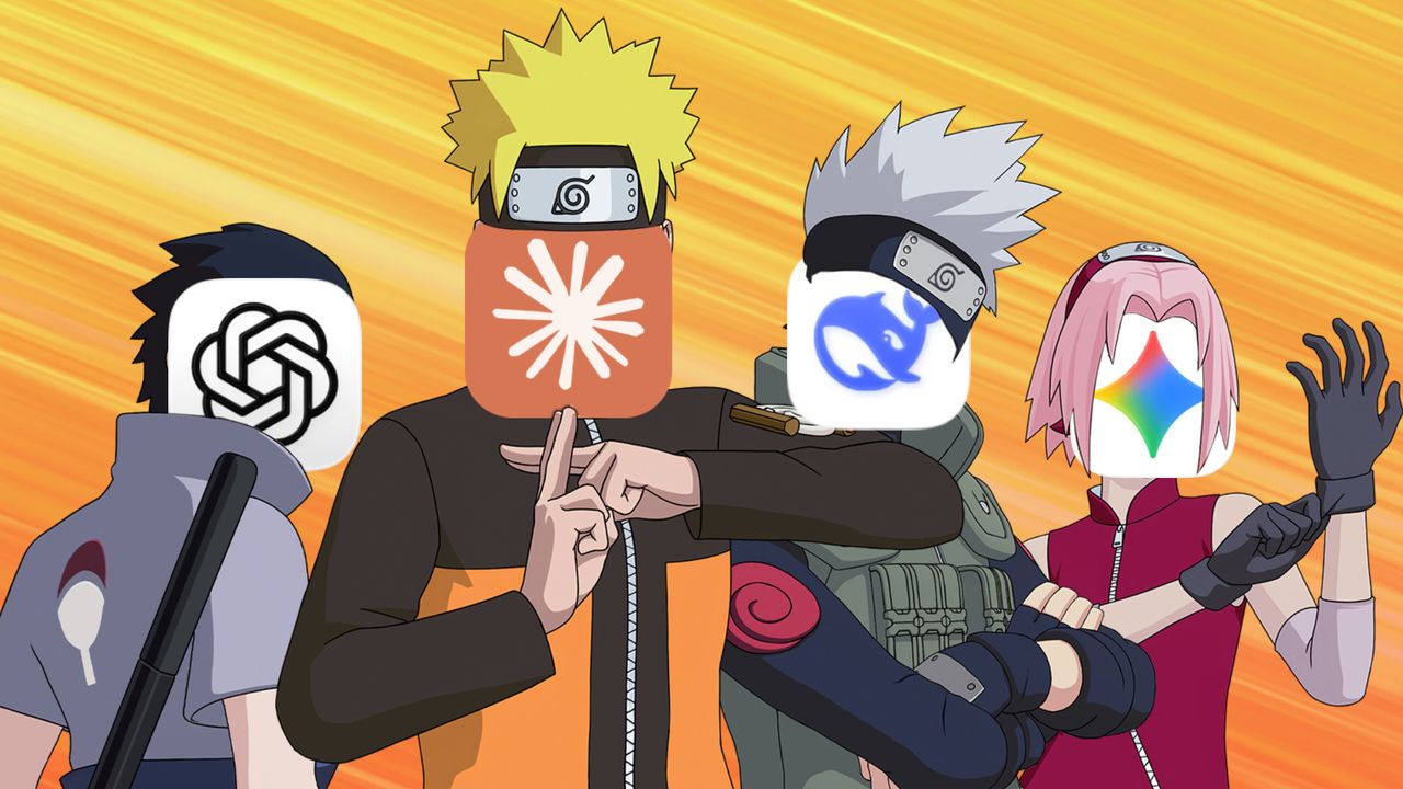 Personagens do anime Naruto com rostos substituídos por logotipos de empresas de tecnologia como OpenAI, Google, Anthropic, DeepSeek e Epic Games