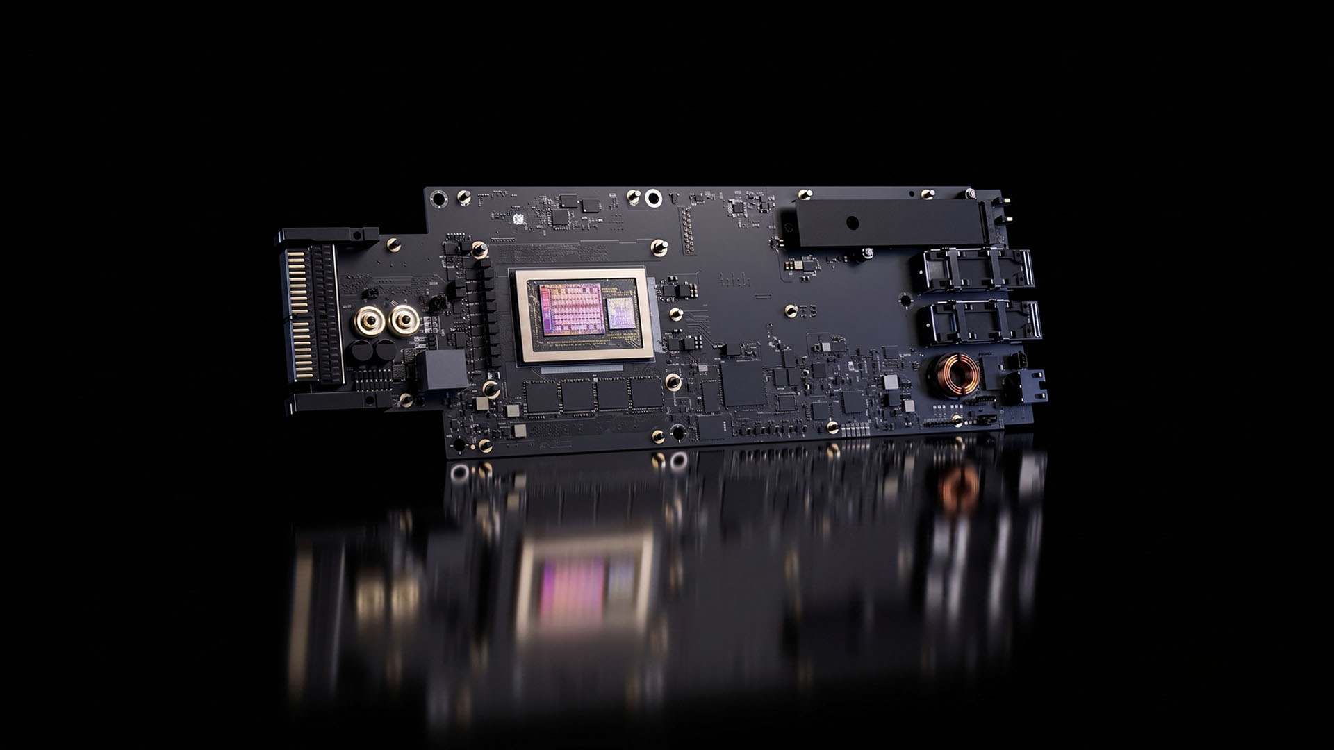 Ilustração conceitual de chips de GPU de IA e memórias semicondutoras.