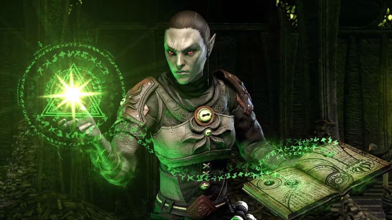 Arte conceitual de The Elder Scrolls Online mostrando a classe Arcanista conjurando feitiços a partir de um livro em sua mão esquerda.