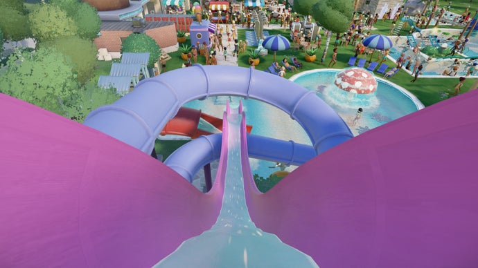 Interface de simulação do jogo Aquapark Tycoon focado na construção de parques aquáticos.
