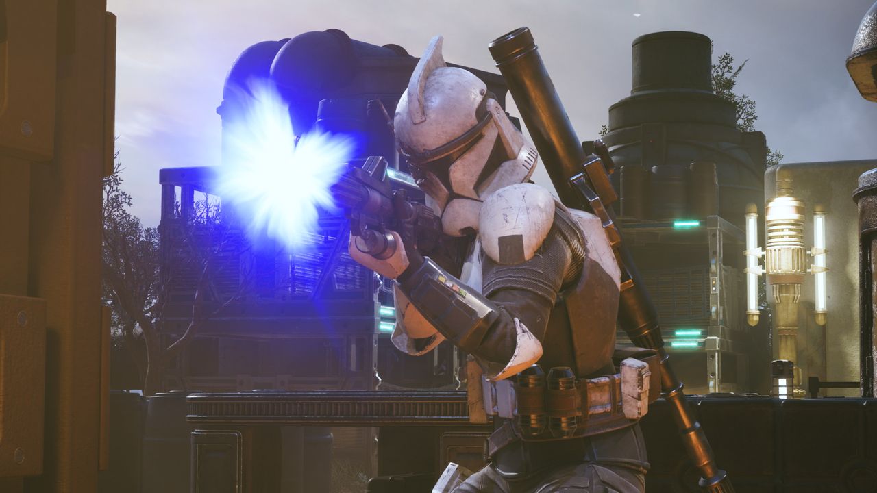 Um clone trooper disparando um blaster no jogo Star Wars Zero Company.