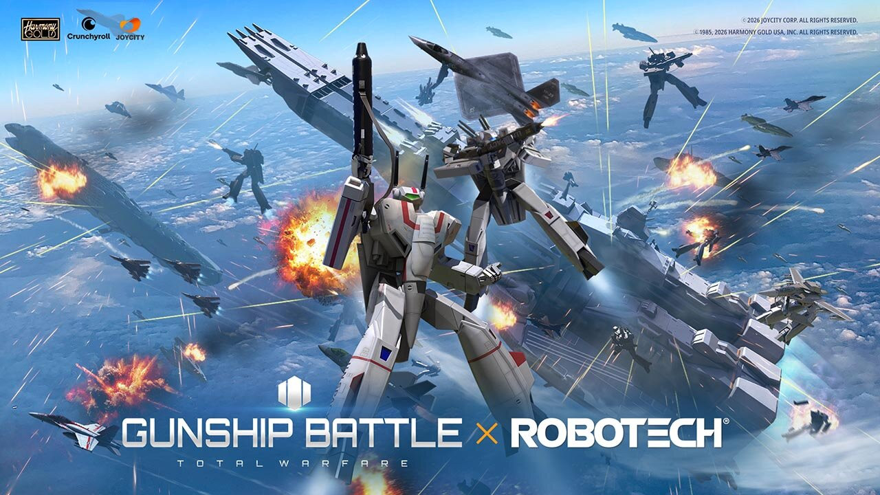 Ilustração promocional da colaboração entre o jogo Gunship Battle: Total Warfare e a franquia Robotech