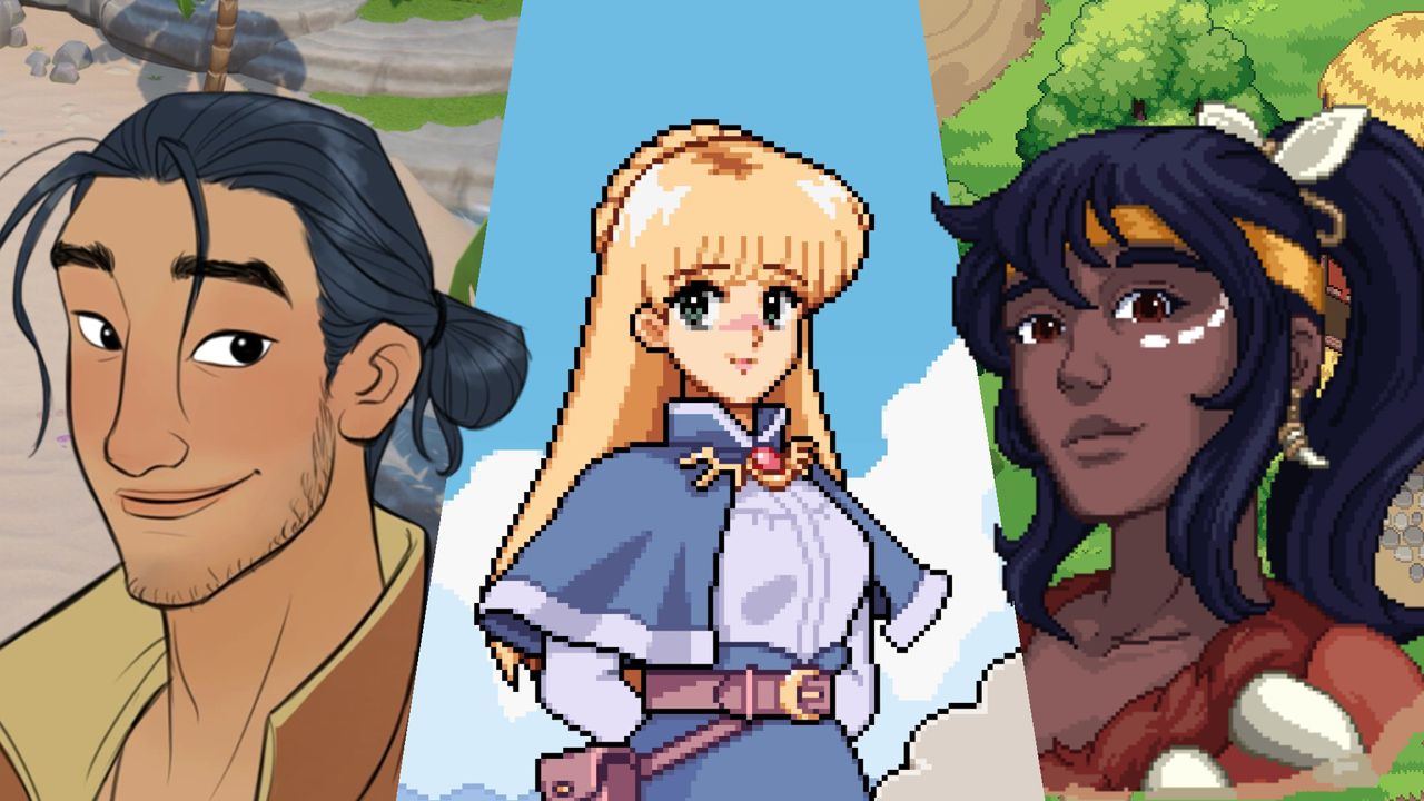 Montagem diagonal mostrando cenas dos jogos Coral Island, Fields of Mistria e Roots of Pacha lado a lado.