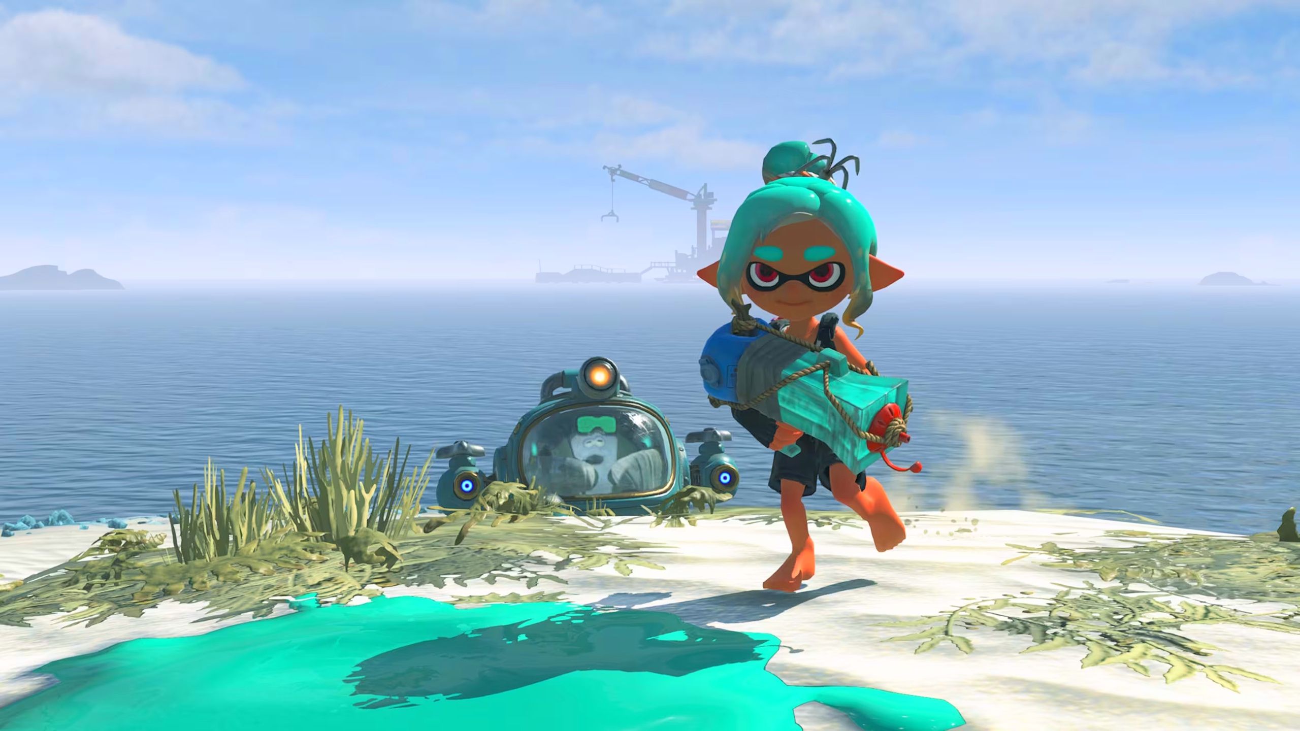 Logotipo do jogo Splatoon Raiders com elementos de tinta colorida ao fundo