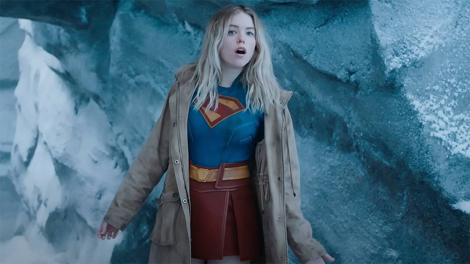 Still from the movie Supergirl featuring Millie Alcock as Kara Zor-El.