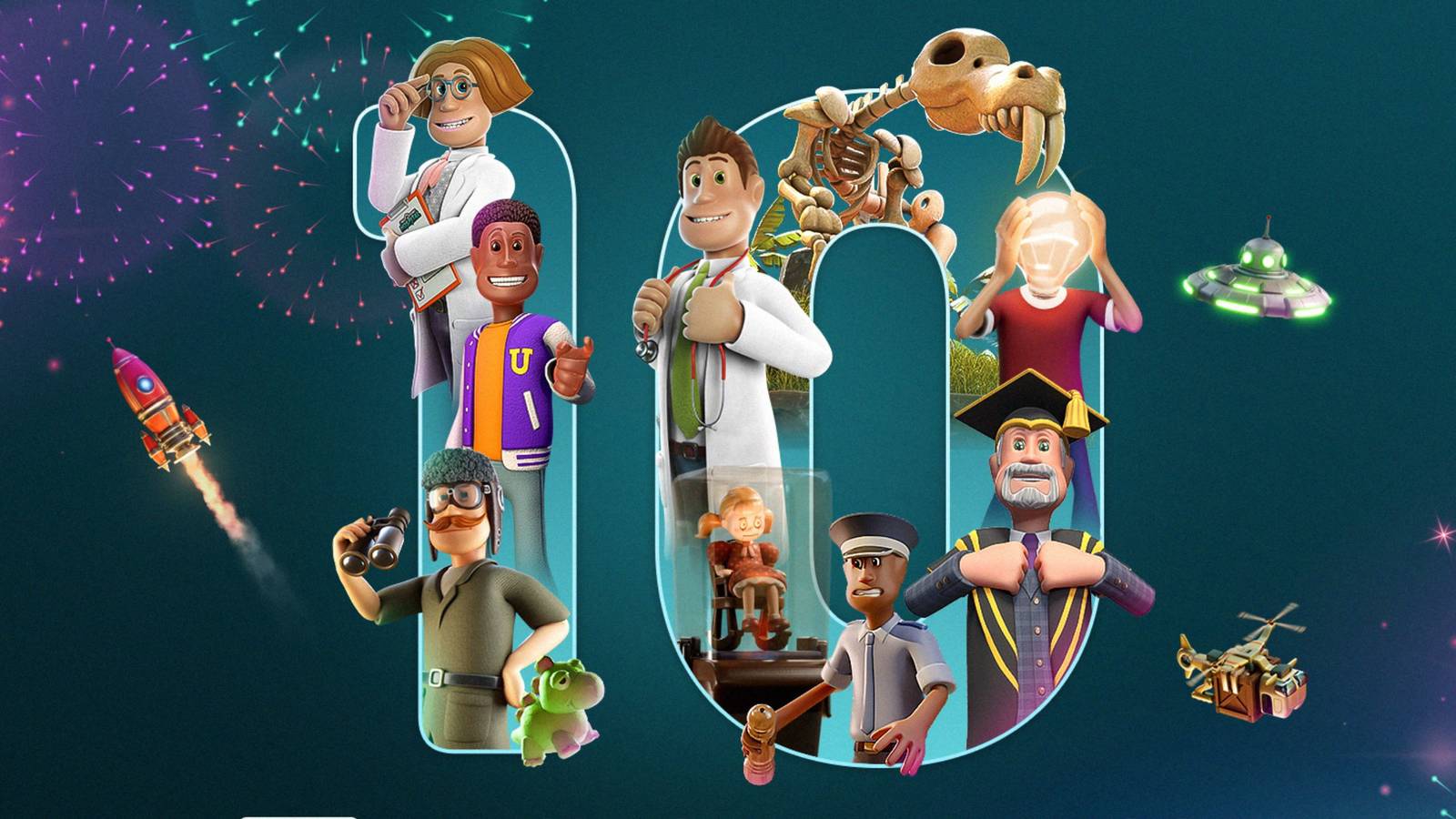Logotipo ou arte promocional da Two Point Studios celebrando 10 anos de simuladores de gestão.
