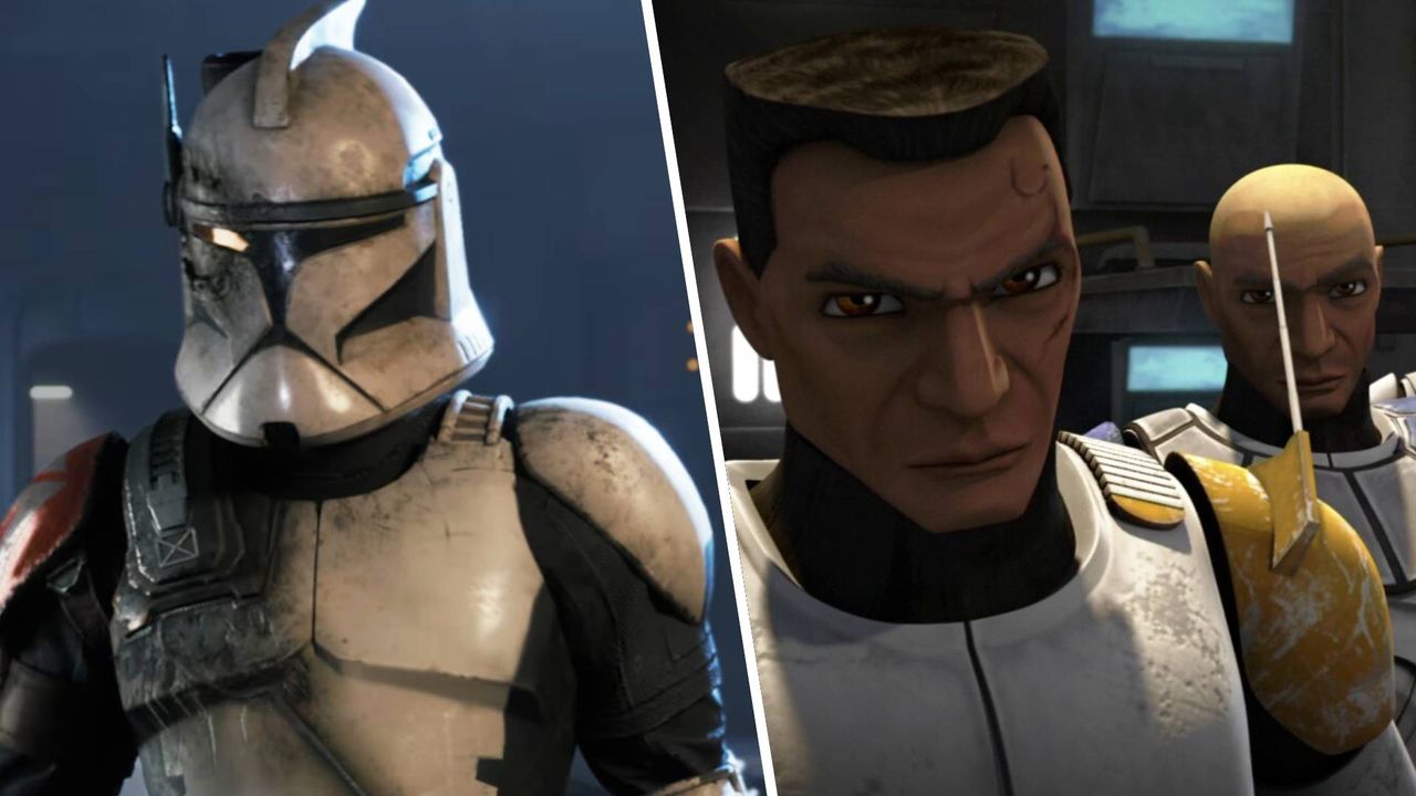 Comparação entre o personagem Trick de Star Wars Zero Company e os clones da série animada Clone Wars.
