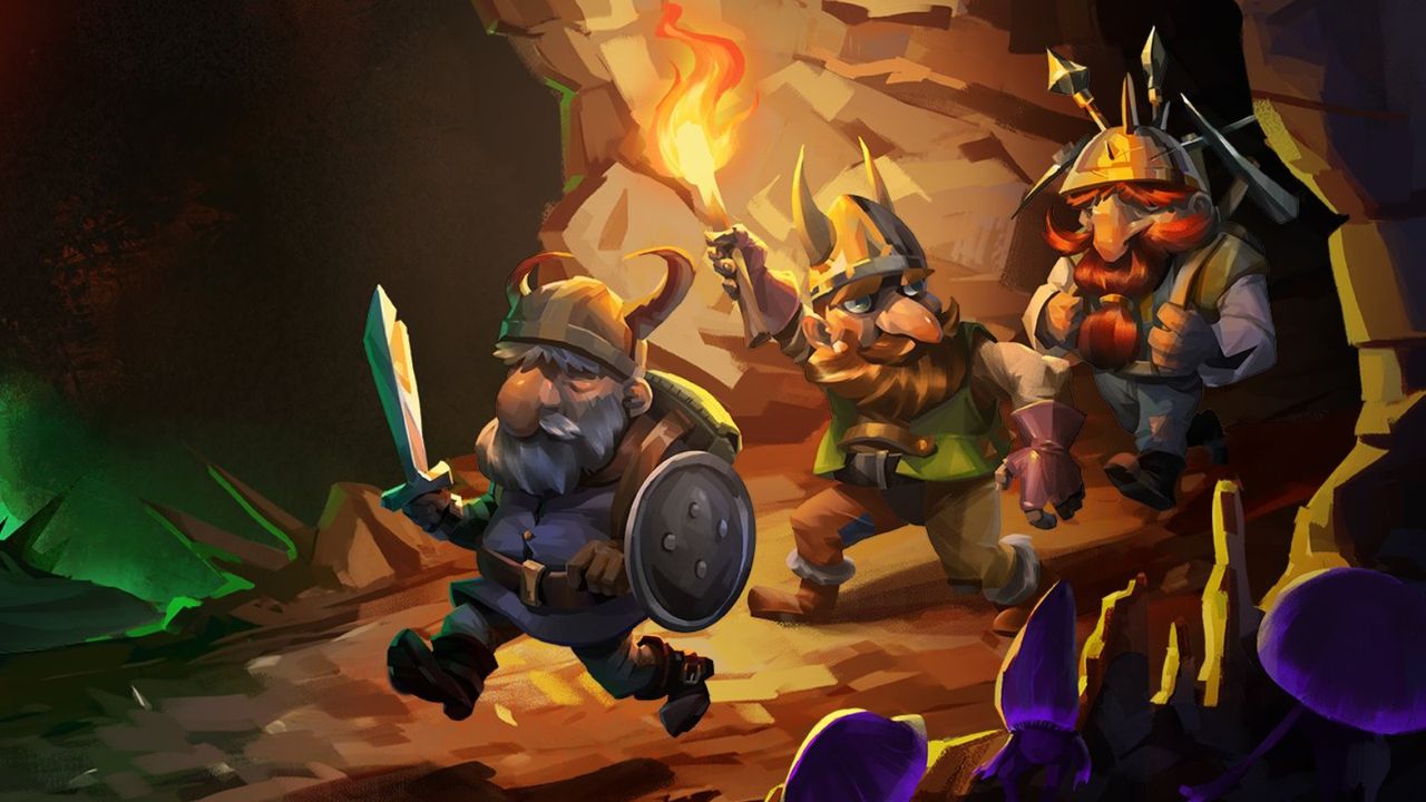 Arte promocional de Dwarf Fortress mostrando um trio de anões descendo às profundezas.