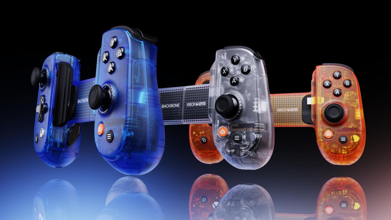 Controles retro do Backbone Pro Xbox 25th Anniversary Edition em três cores diferentes