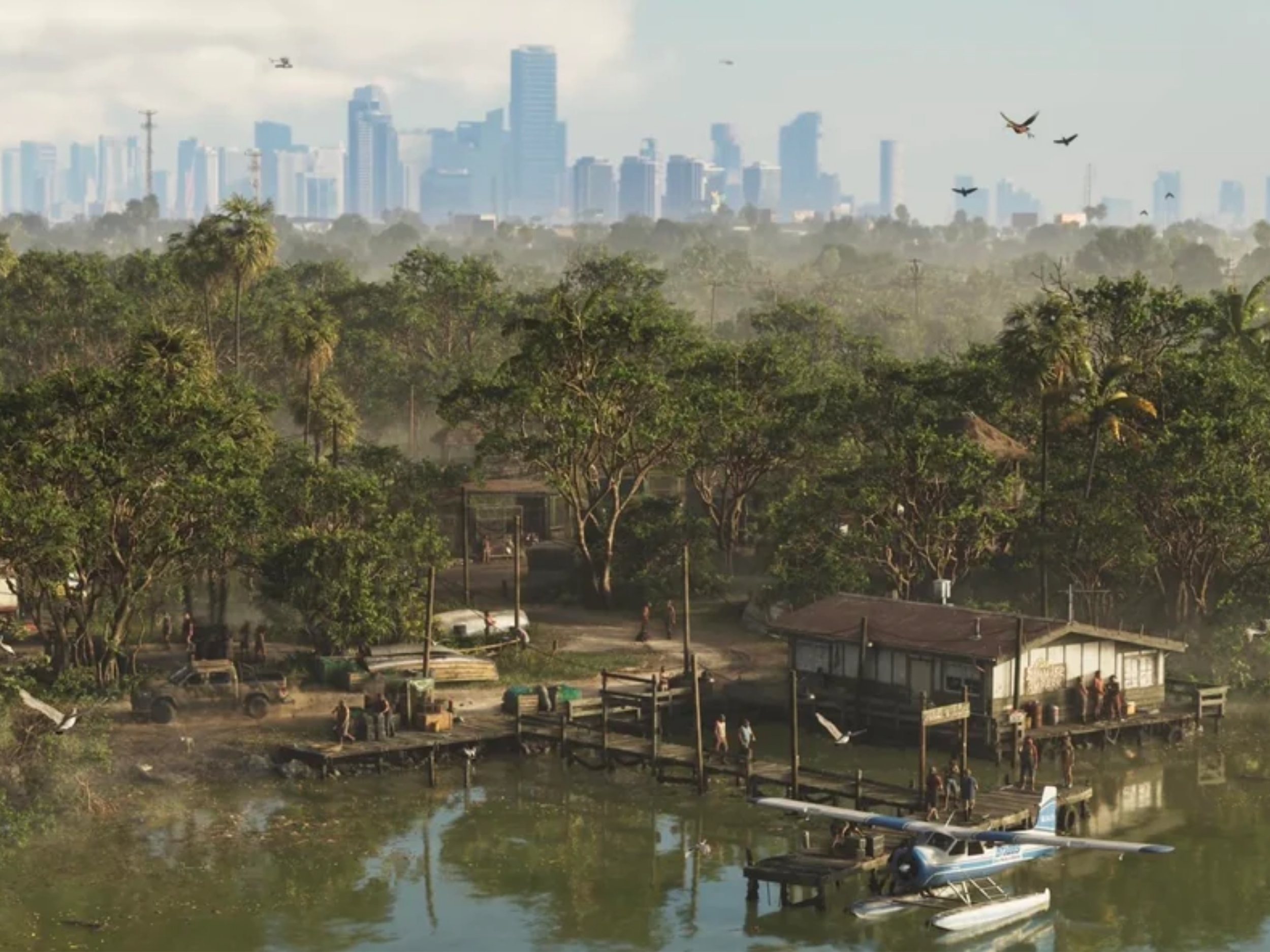 Montagem de capturas de tela de GTA 6 mostrando cenários de Leonida e os personagens Jason e Lucia.