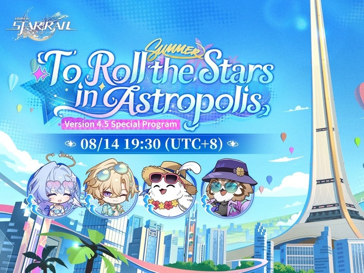Arte promocional de Honkai: Star Rail Versão 4.5 apresentando a atualização To Roll the Stars in Astropolis