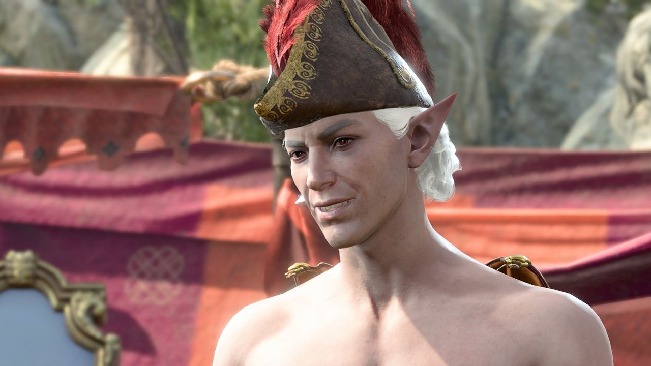 Astarion, personagem de Baldur's Gate 3, sem camisa e com chapéu de almirante