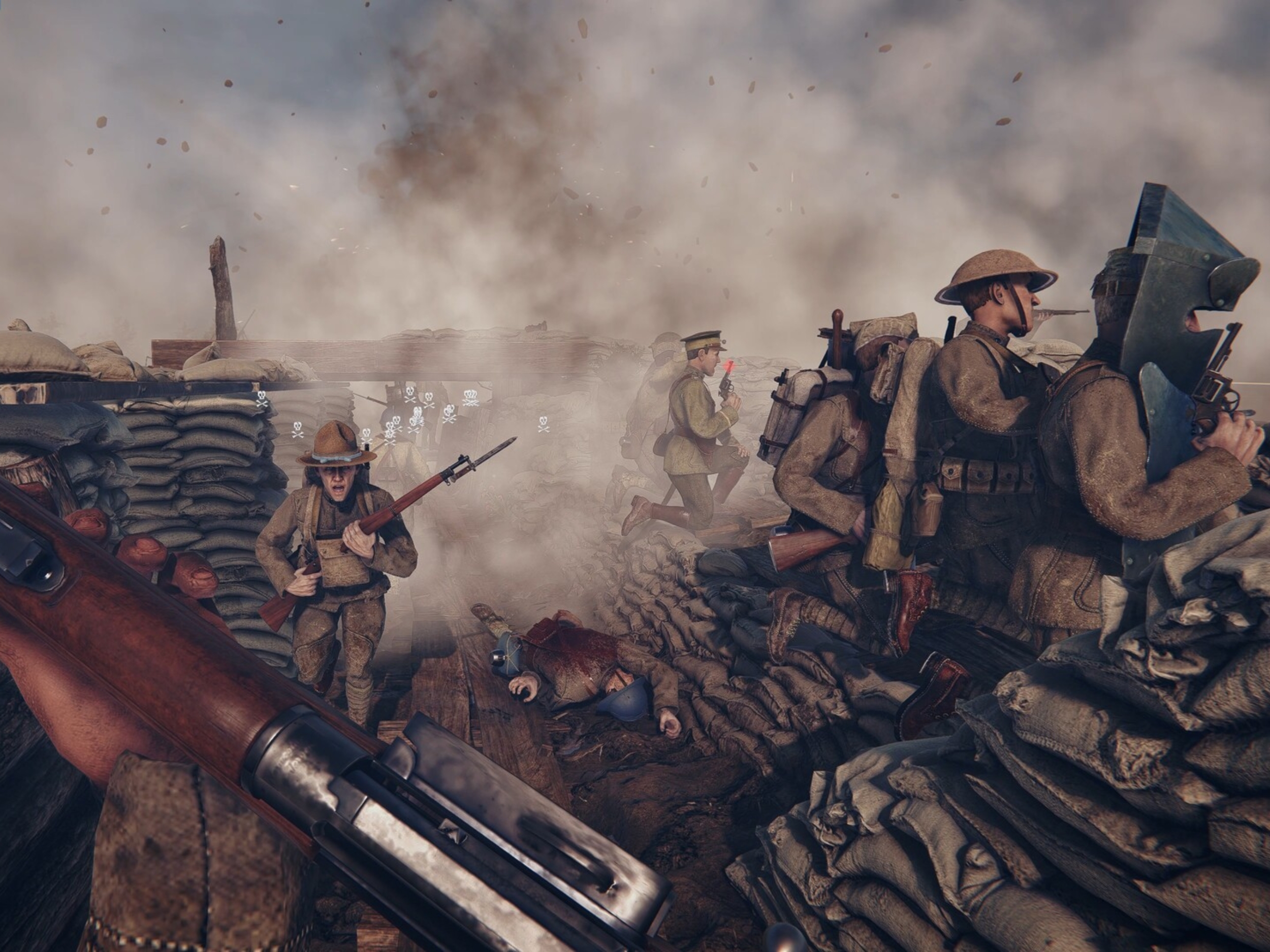Cena de Over The Top: WWI mostrando batalha caótica com jogadores e cenários destruídos
