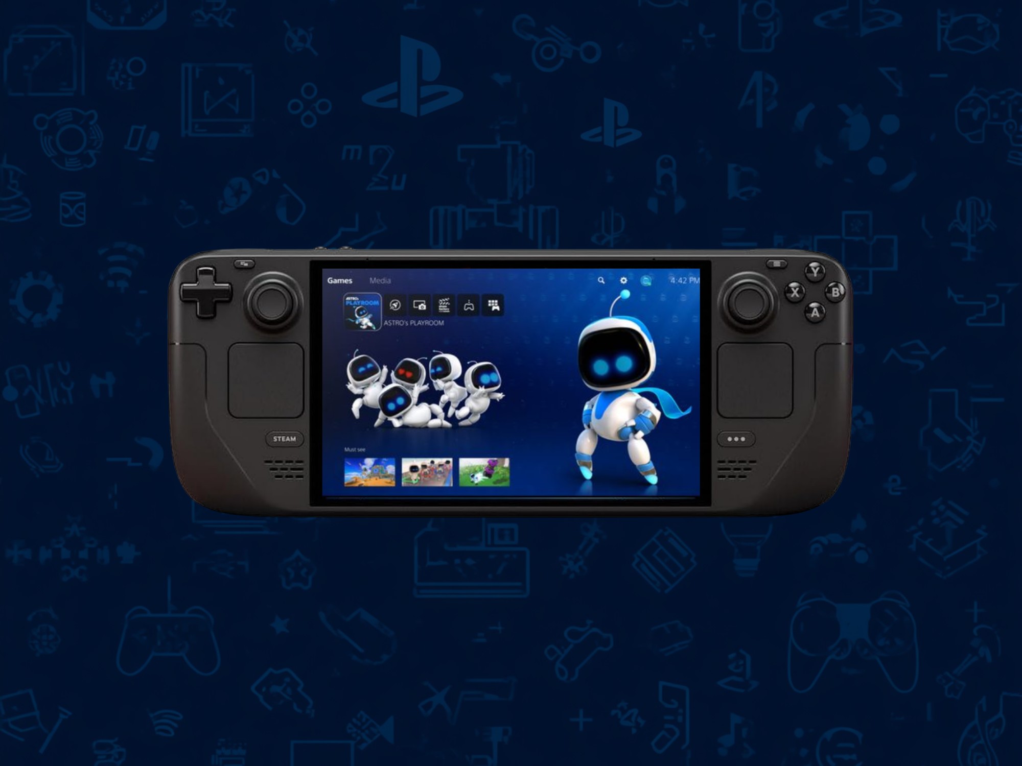 Representação do Steam Deck executando jogos de PlayStation 5 via streaming de nuvem através do app Asobi: Remote Play.