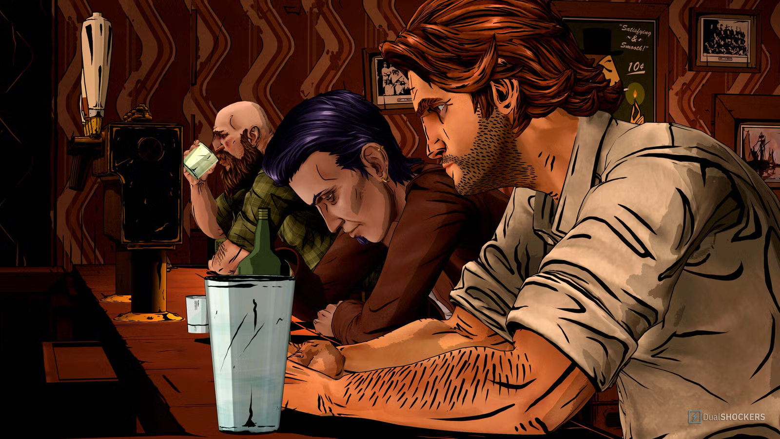 Cena de The Wolf Among Us Remastered apresentando o protagonista Bigby Wolf em ambiente noir.