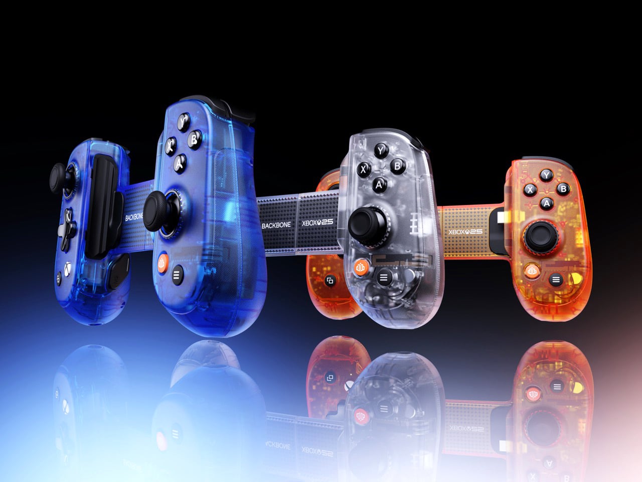 Backbone Pro Xbox 25th Anniversary Edition em três cores translúcidas: Crystal Clear, Iconic Blue e Bold Orange