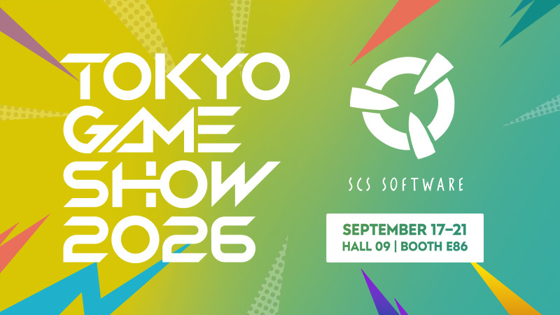 Logotipo da SCS Software com fundo da Tokyo Game Show