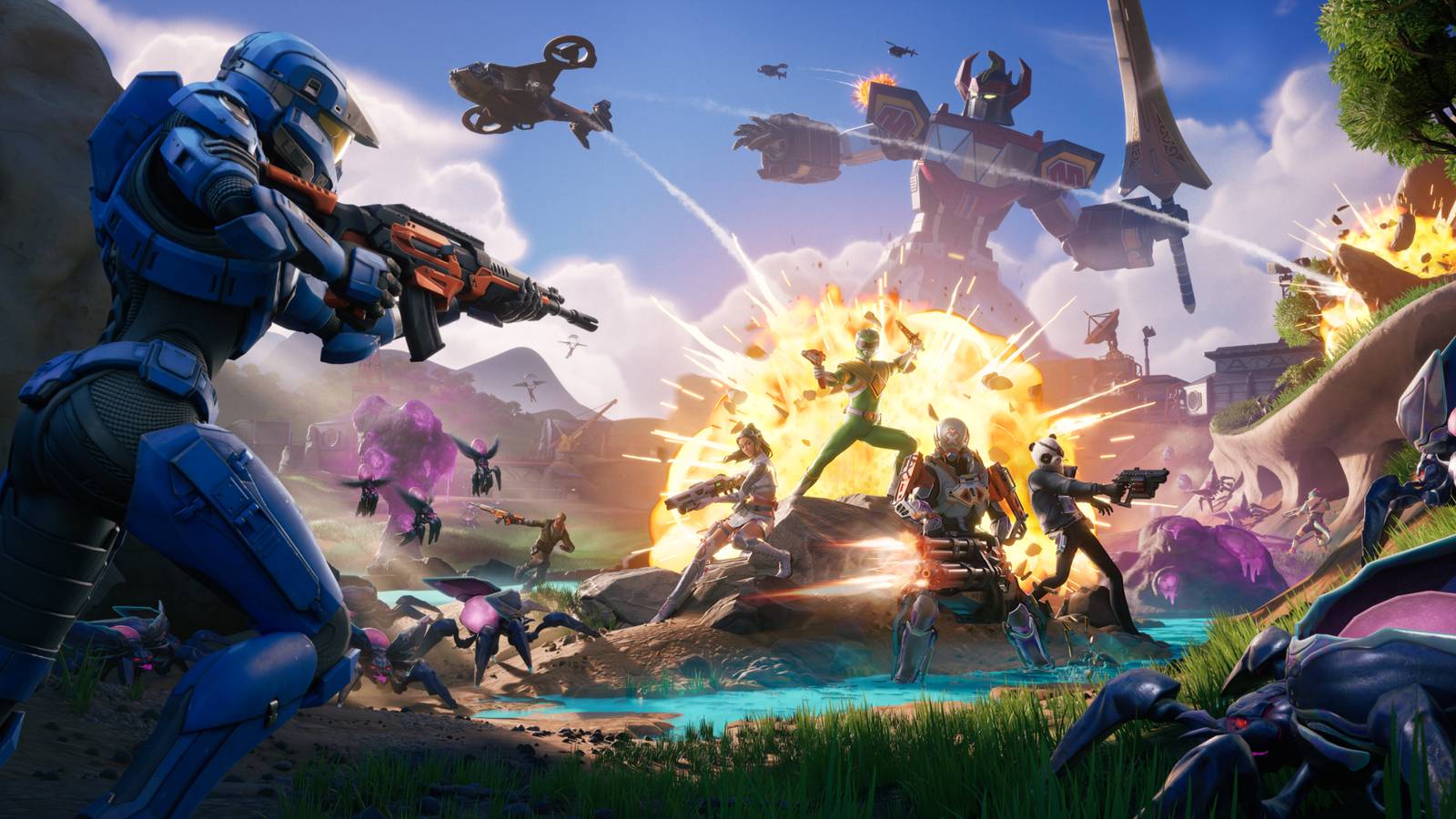 Montagem com personagens de Sonic, Pac-Man e elementos de Tetris integrados ao universo de Fortnite.