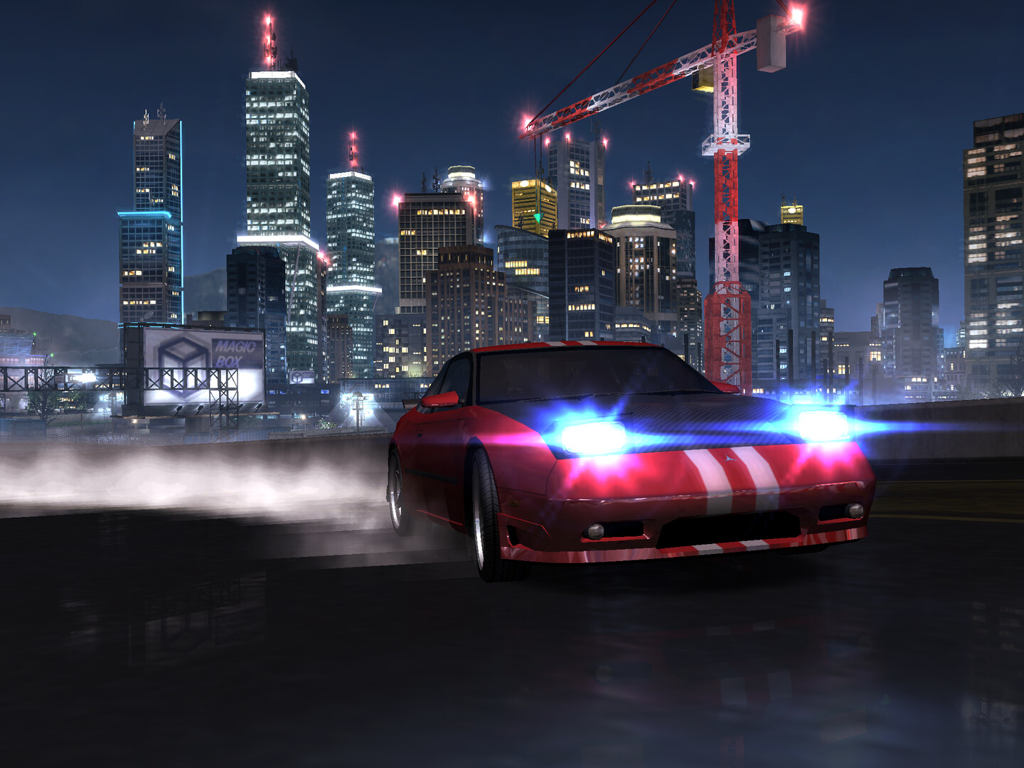 Captura de tela de Heatwarped mostrando um carro customizado em uma rua iluminada por néon