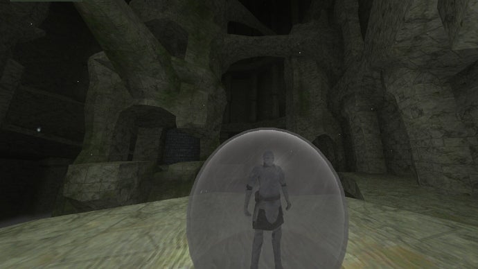 Captura de tela de Marble Souls mostrando personagem em uma esfera física em mundo aberto