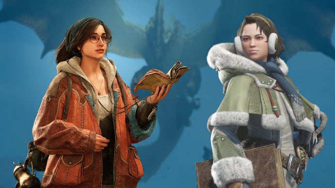 Arte promocional de Monster Hunter Wilds destacando a caça a monstros.