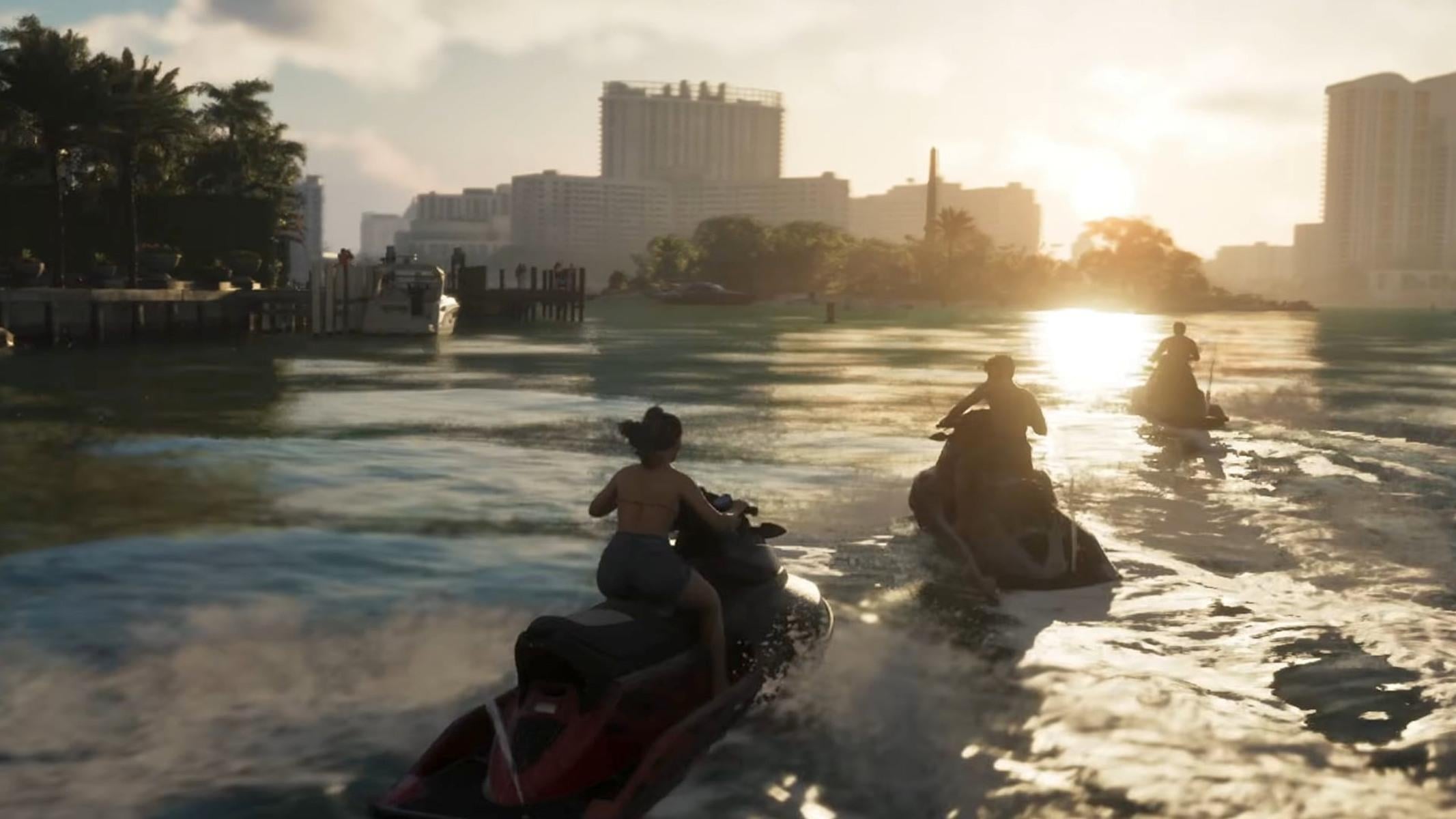 Cena de perseguição em GTA 6 com jet skis em Leonida