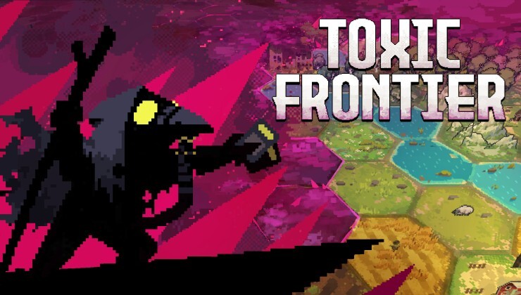 Tela de Toxic Frontier mostrando o mapa hexagonal e cartas
