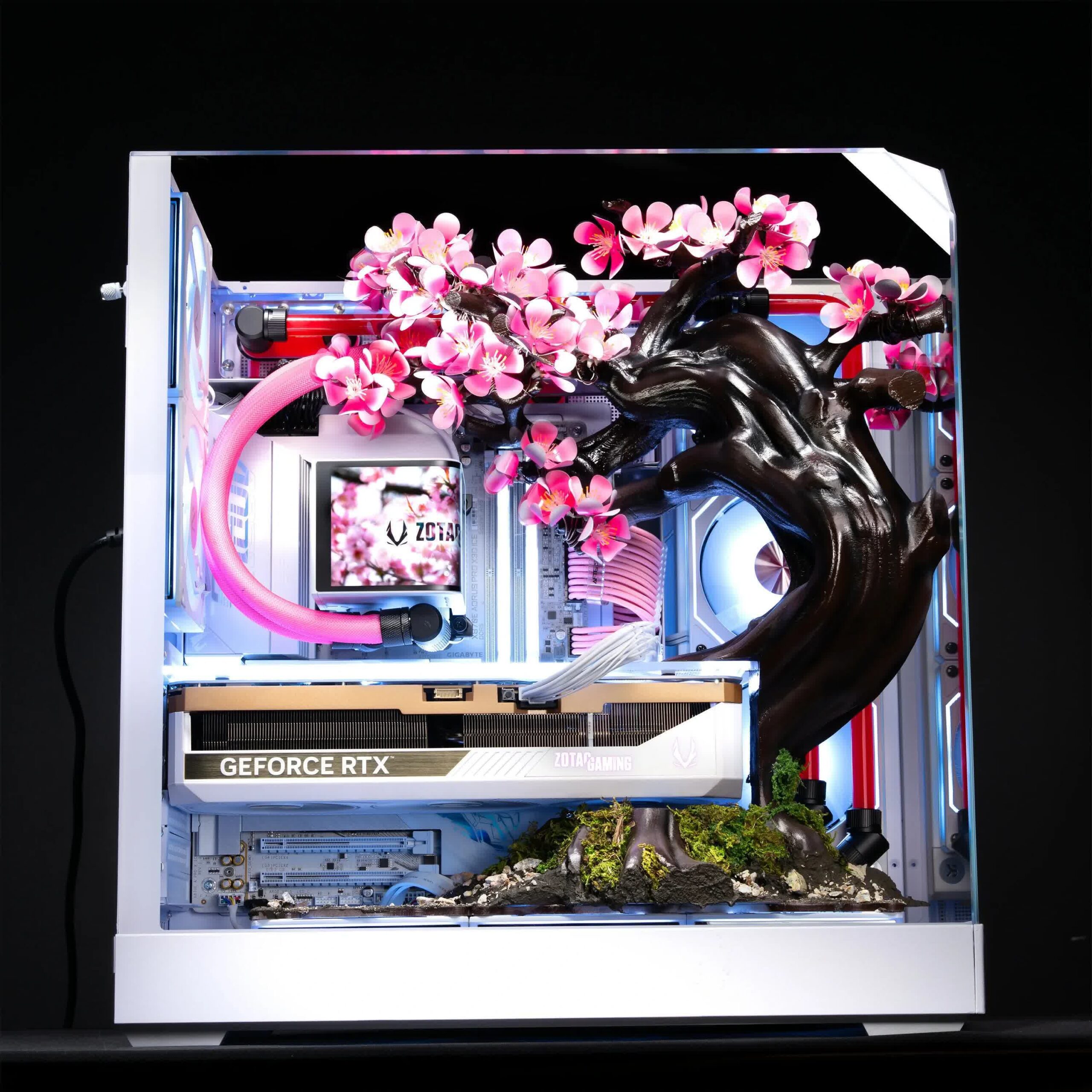 Gabinete APNX V2 White com flores de titânio abertas dentro do Cherry Bloom PC