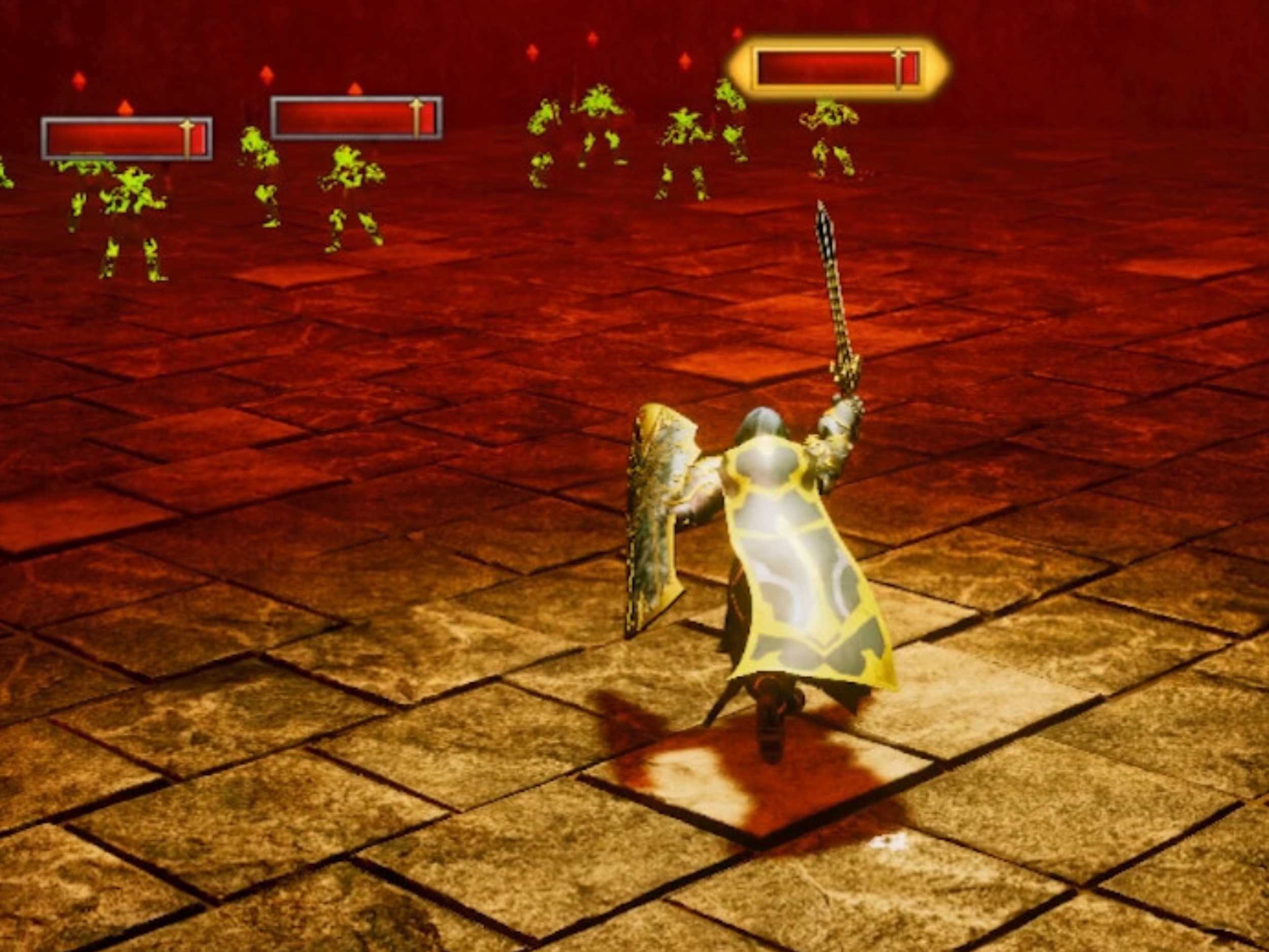 Captura de tela do jogo Don't Lose Aggro mostrando o personagem tanque enfrentando inimigos em uma masmorra escura.