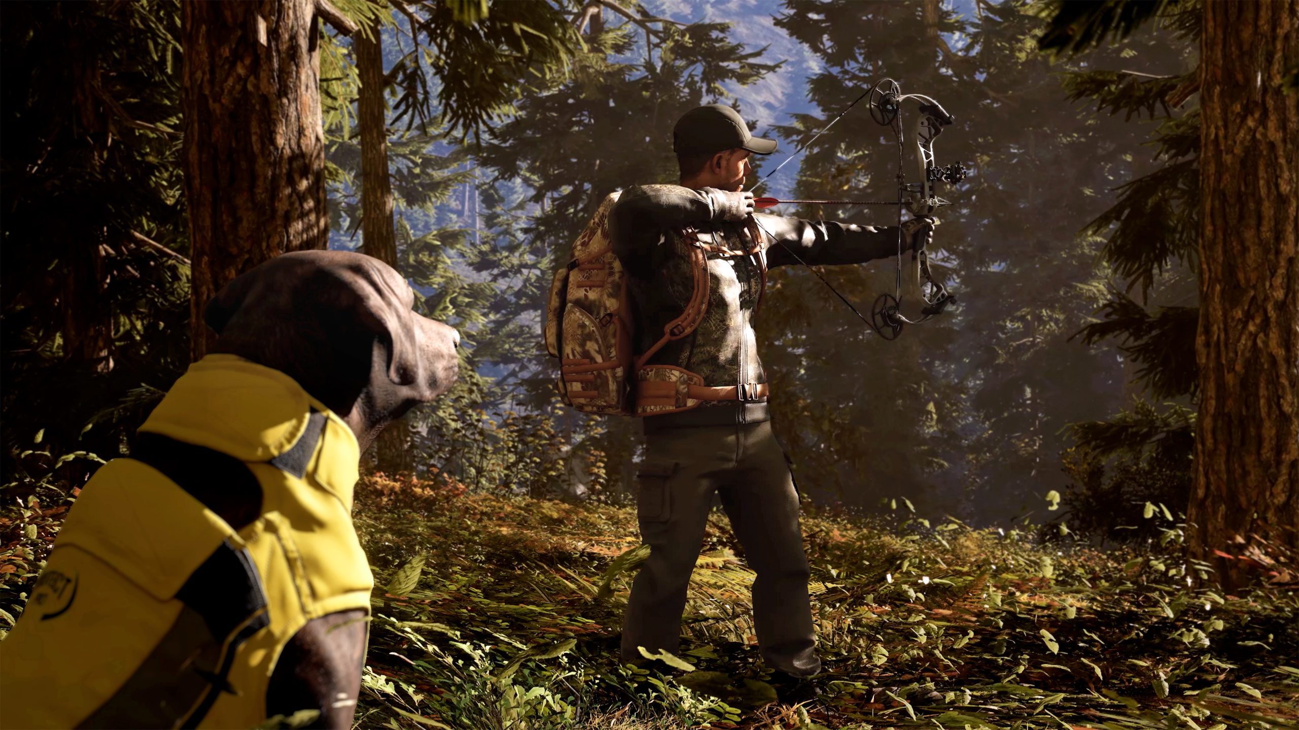 Screenshot do trailer de gameplay de Hunting Simulator 3 mostrando ambientes de caça e um cão de caça