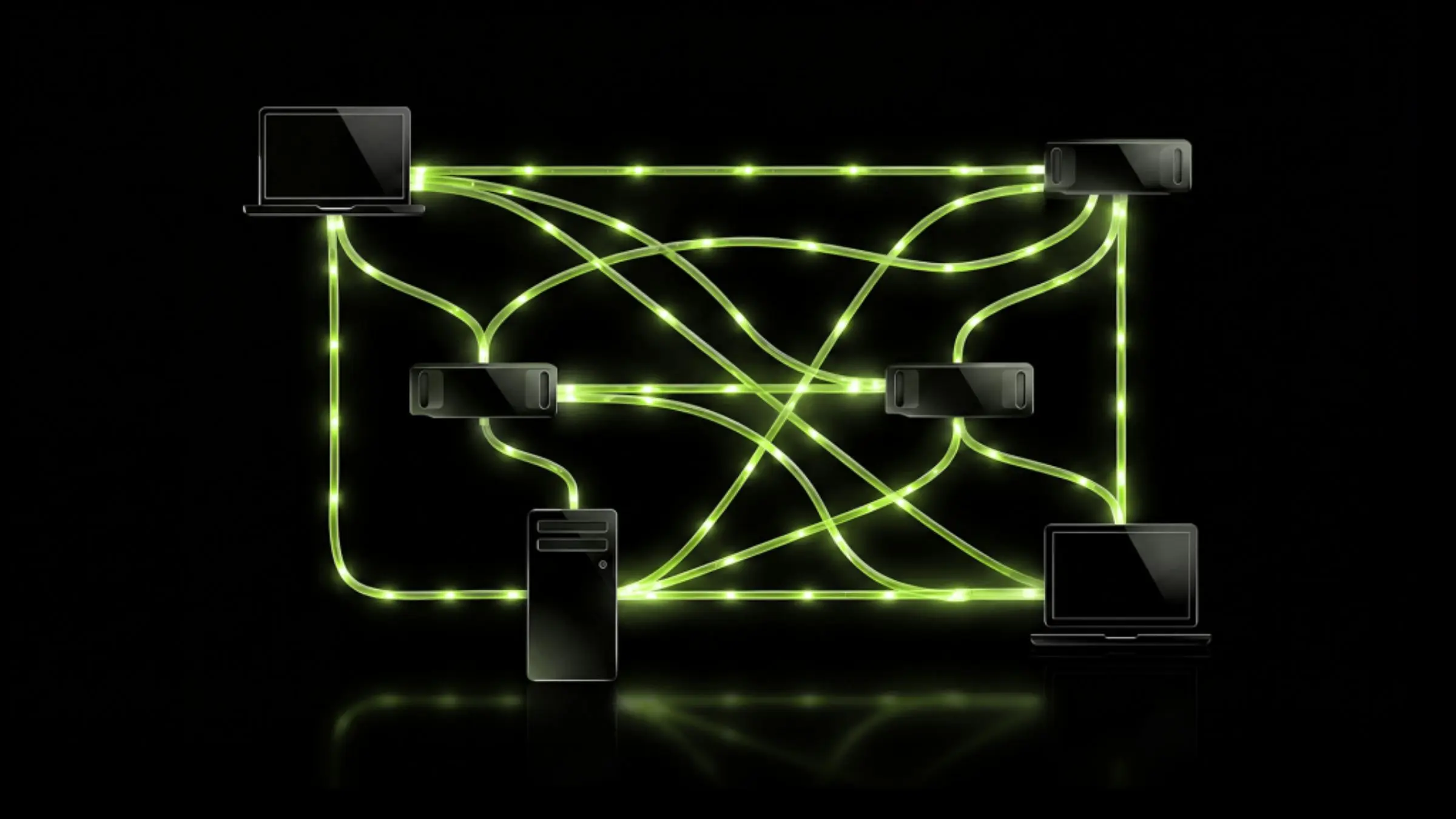 Representação de um Mac M4 e um PC com GPU Nvidia RTX conectados em rede para processamento de IA.