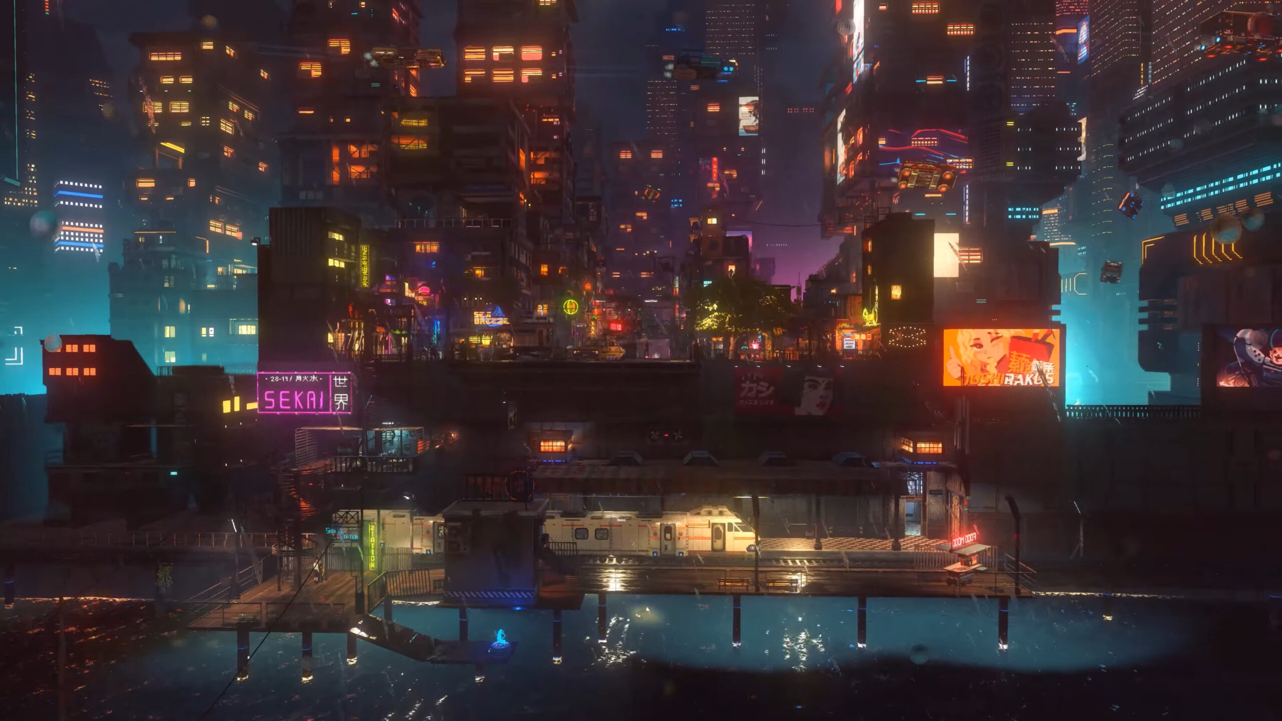 Cena de Nivalis Nights mostrando a cidade cyberpunk ao entardecer