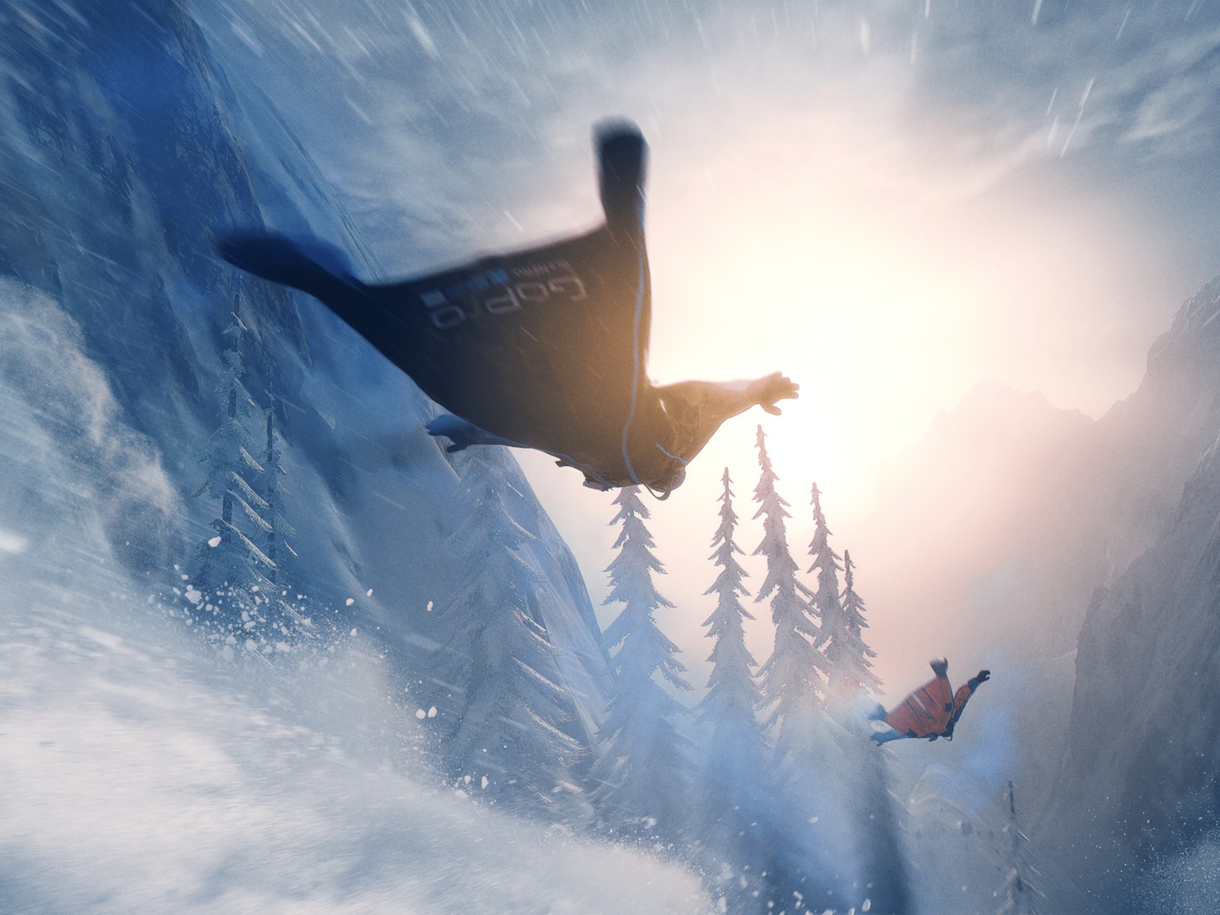 Cena de esqui em alta velocidade no jogo Steep, mostrando a paisagem alpina aberta