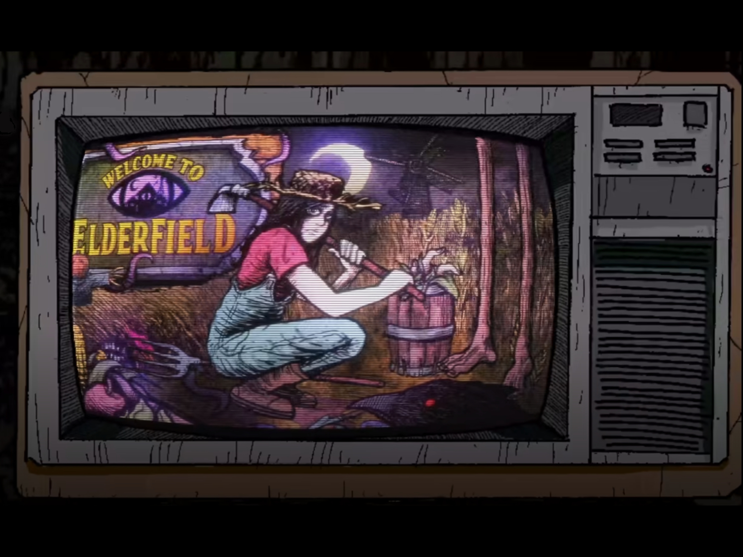 Tela do jogo Welcome to Elderfield mostrando fazenda com criaturas lovecraftianas