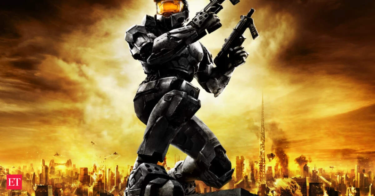 Ilustração representando a divisão de jogos da Microsoft após demissões, com o logo de Halo ao fundo