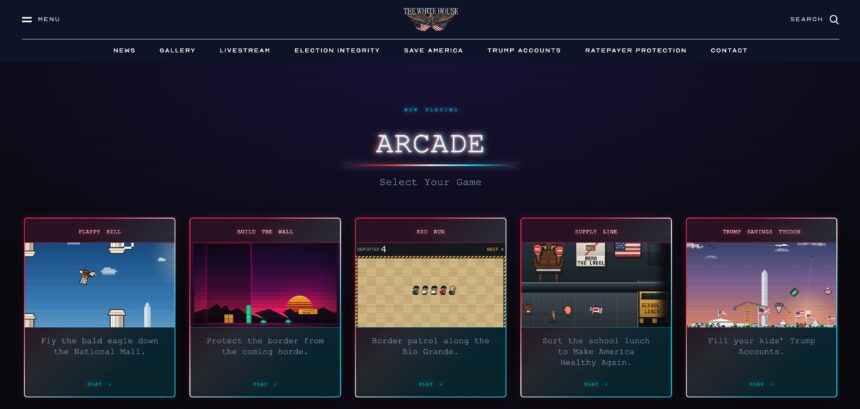 Captura de tela do jogo arcade “Build the Wall” exibido no site da Casa Branca