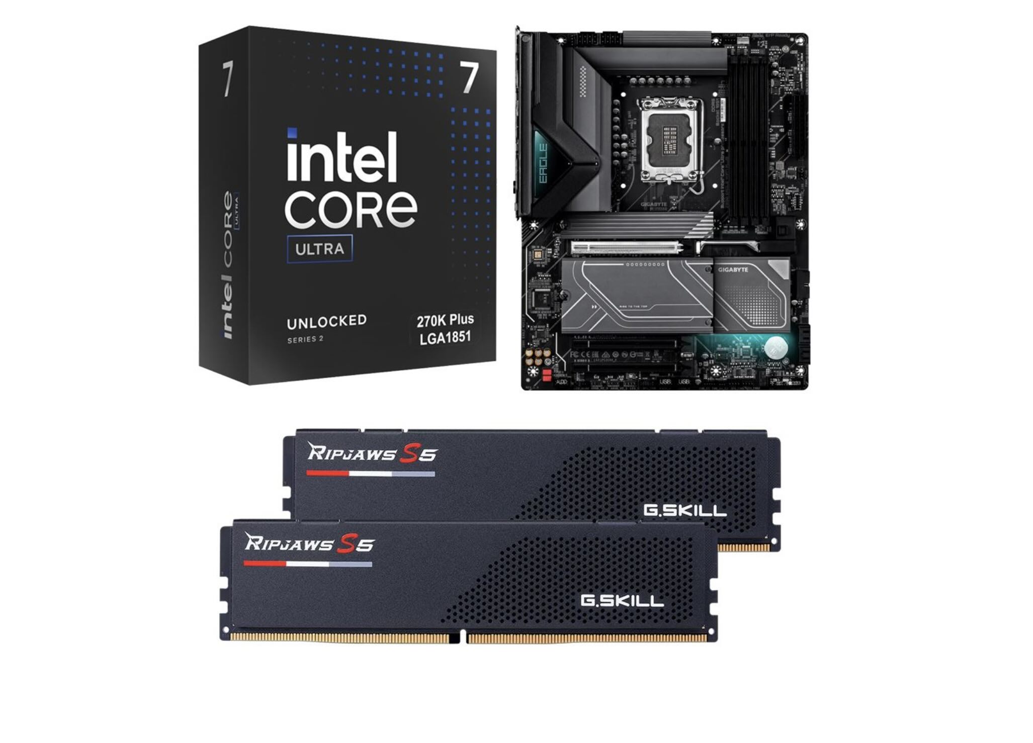 Pacote de hardware da Micro Center com CPU Core Ultra 7 270K Plus, placa-mãe Gigabyte Z890 Eagle e memória DDR5