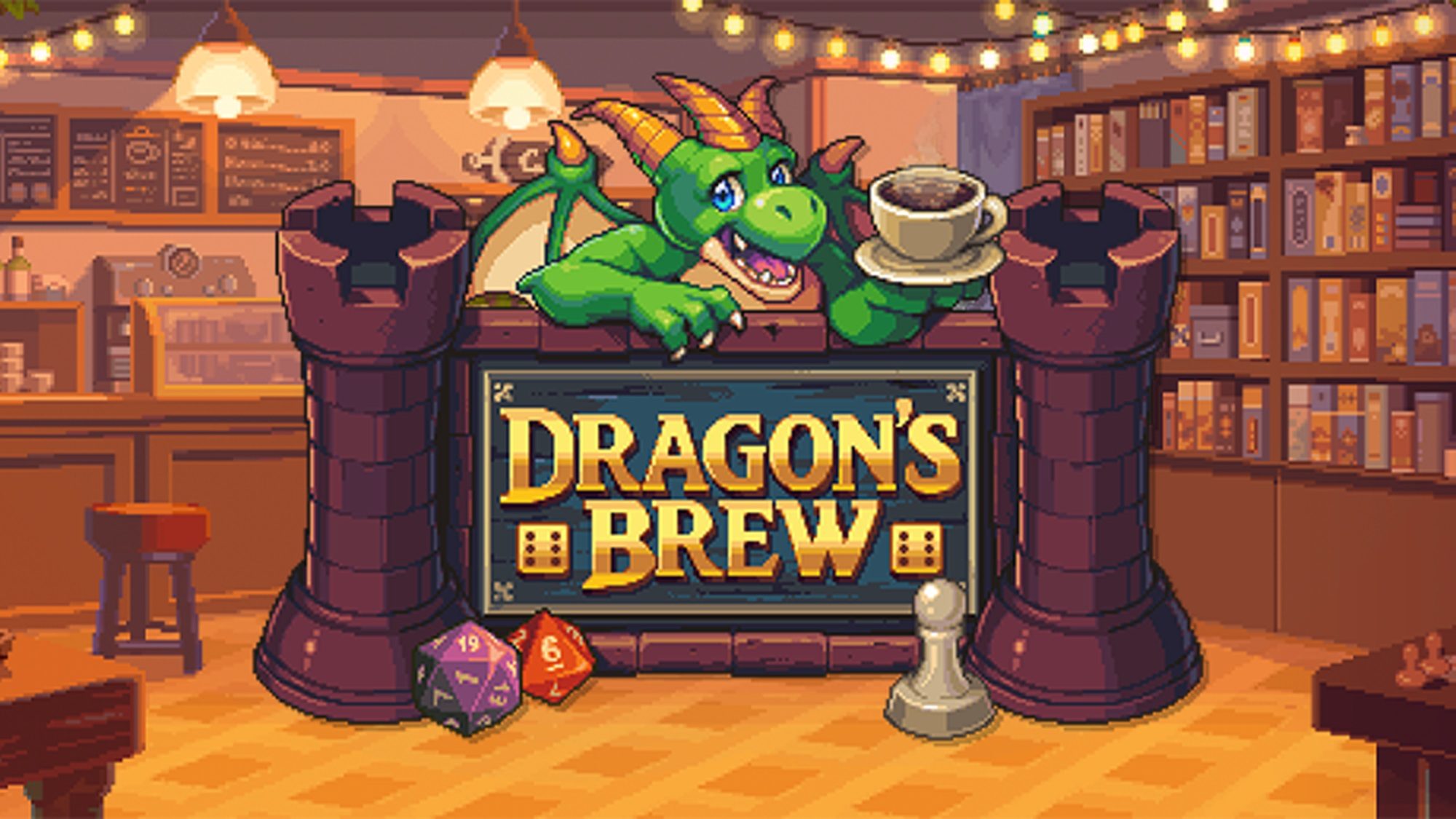 Tela do jogo Dragon's Brew mostrando um café de board games