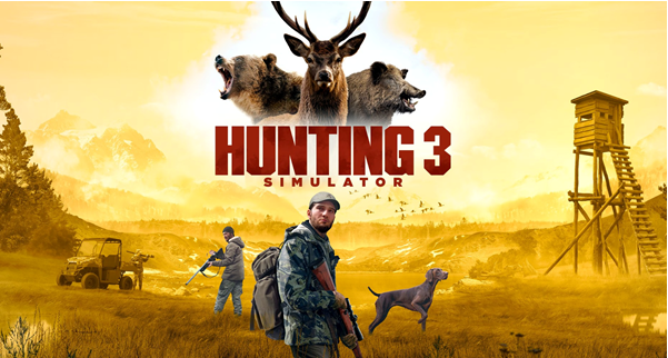 Trailer de Hunting Simulator 3 mostrando paisagens de Colorado e Texas com animais e veículos off‑road