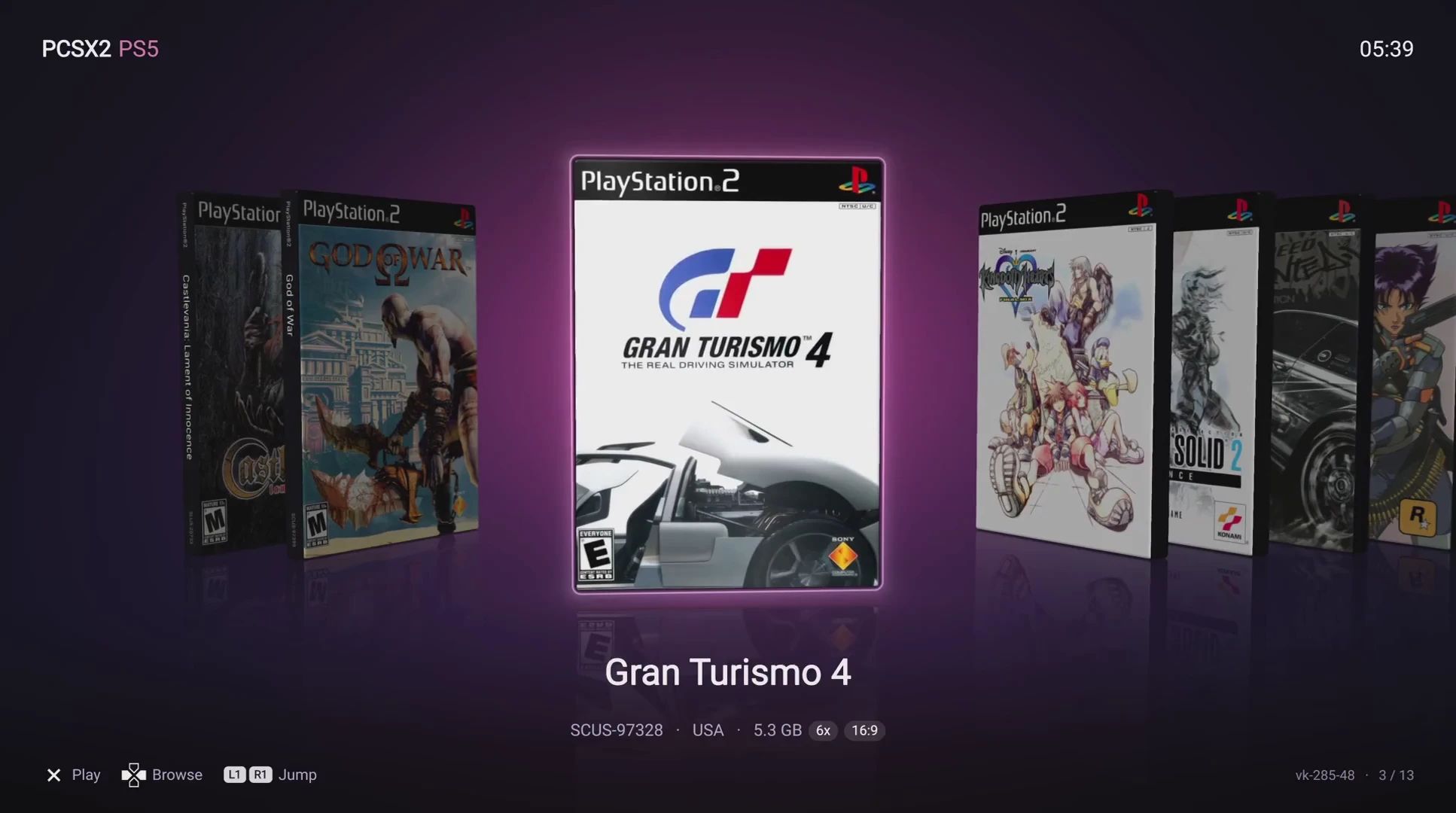 Tela do emulador PS5X2 rodando jogo de PlayStation 2 no console PS5