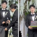 Noivo emocionado ao receber a placa de vídeo ASUS ROG Astral RTX 5090 como presente de casamento
