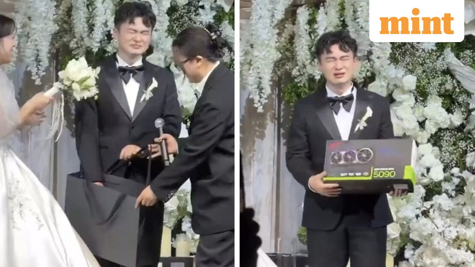 Noivo emocionado ao receber a placa de vídeo ASUS ROG Astral RTX 5090 como presente de casamento