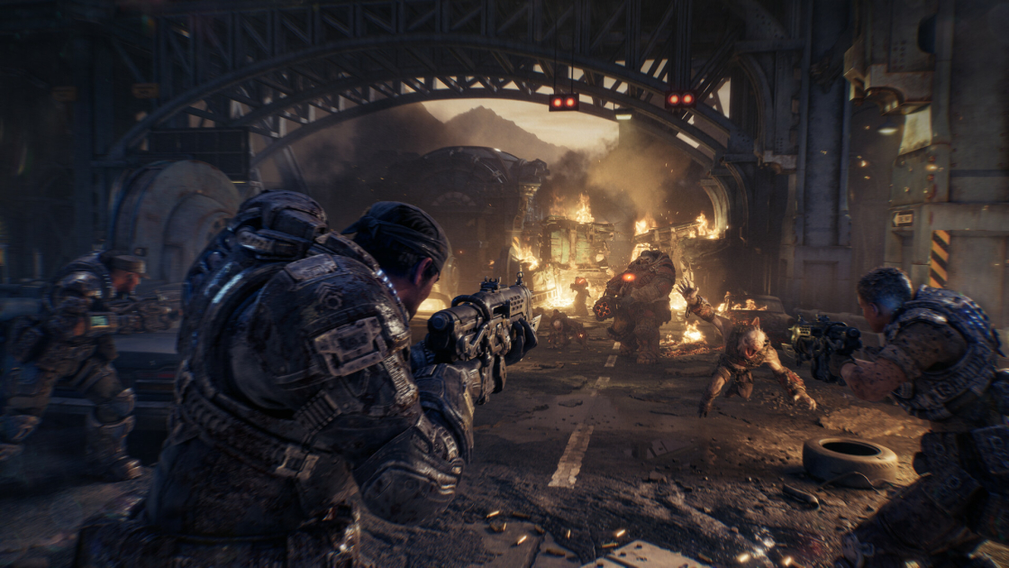 Gameplay de Gears of War: E-Day mostrando iluminação com ray tracing e ambientes detalhados